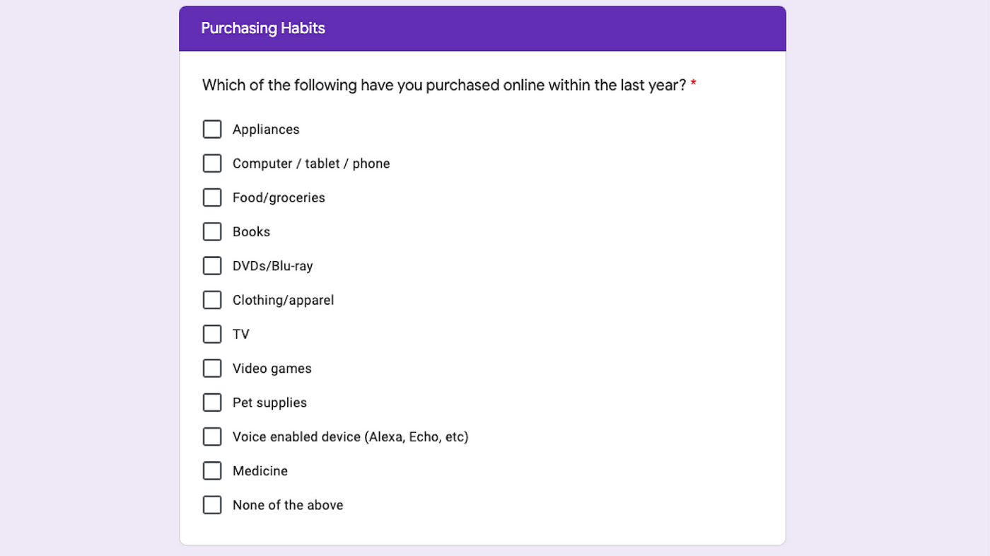 A question from a survey asking about online shopping habits.
