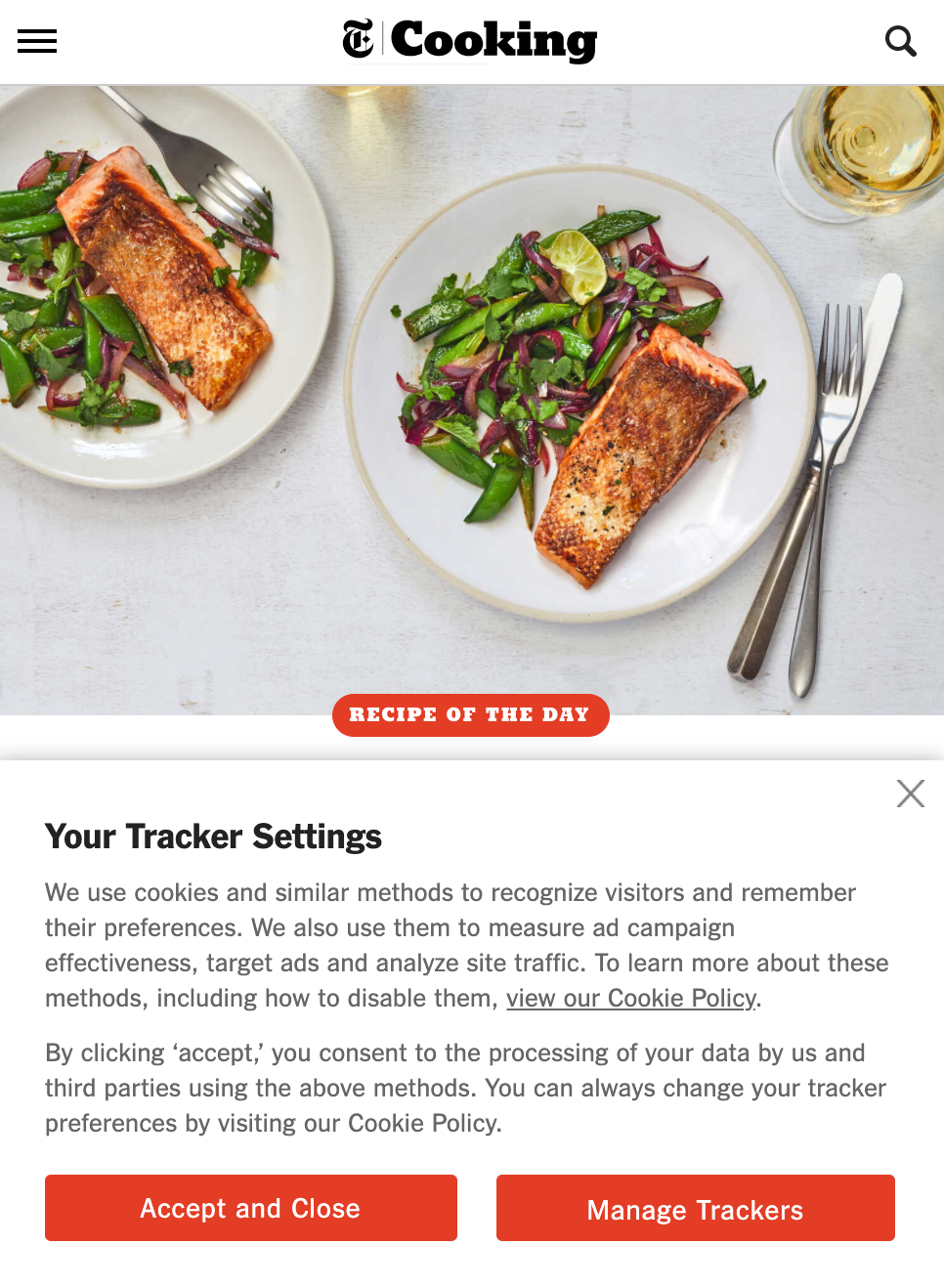 A screenshot of a NYT Cooking page that shows a banner titled “Your Tracker Settings” on the lower portion of the screen. The banner allows users to accept cookies or manage their settings.