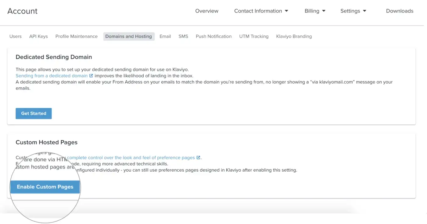 Overview of where to enable hosted pages in Klaviyo
