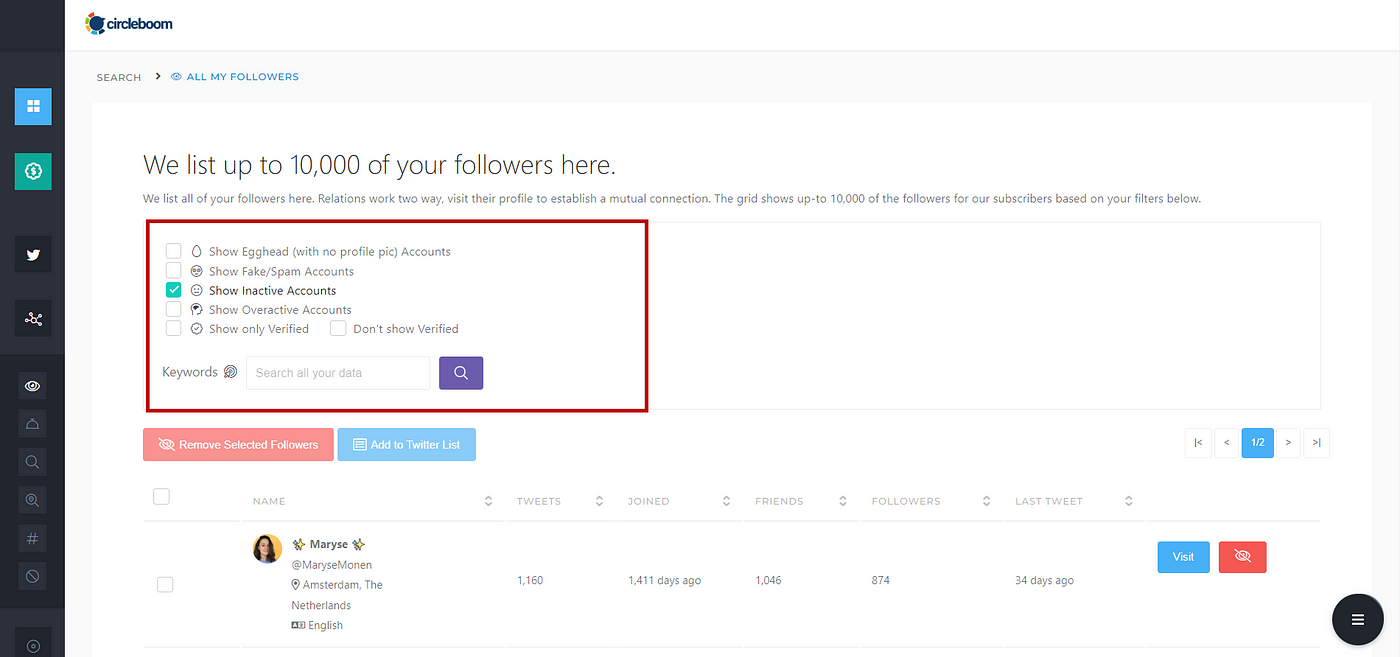 Show inactive followers and remove them all with Circleboom