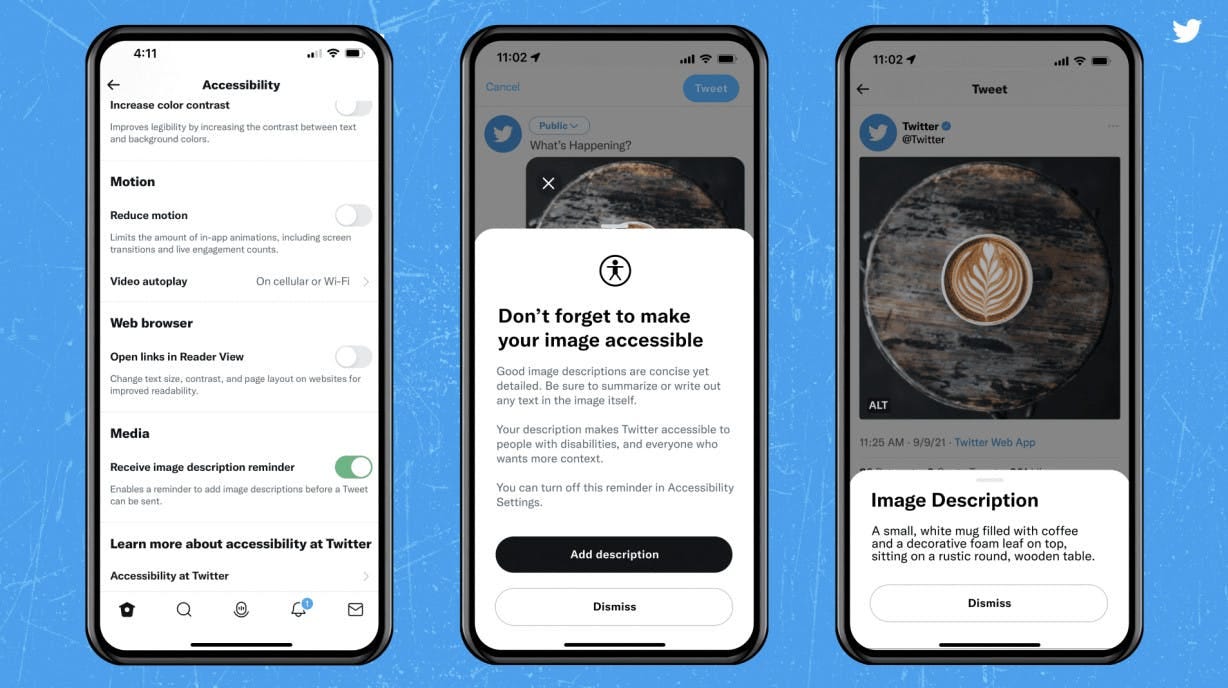 Screenshots of Twitter’s new feature which reminds users to add alt text as image descriptions to make Twitter accessible to everyone.