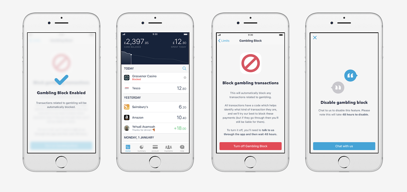 Screens from Monzo app showing how the gambling block feature works