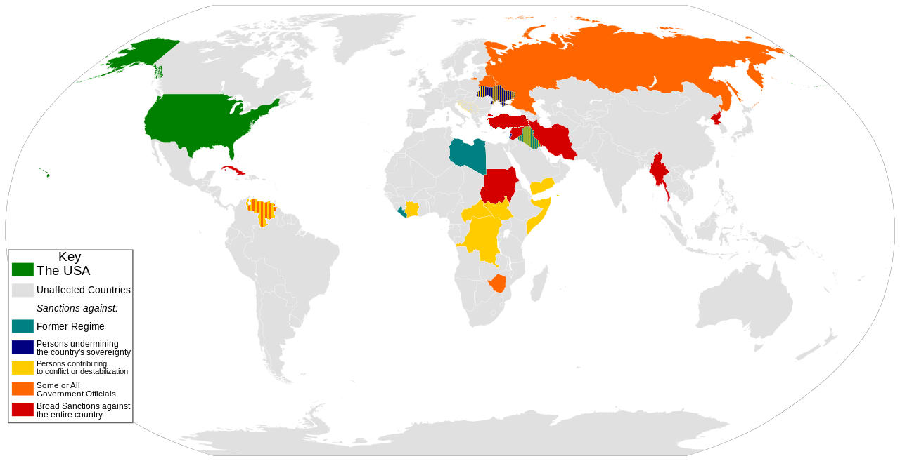 Countries sanctioned by the US as of 2020 (Source: JojotoRudess via Wikimedia Commons)