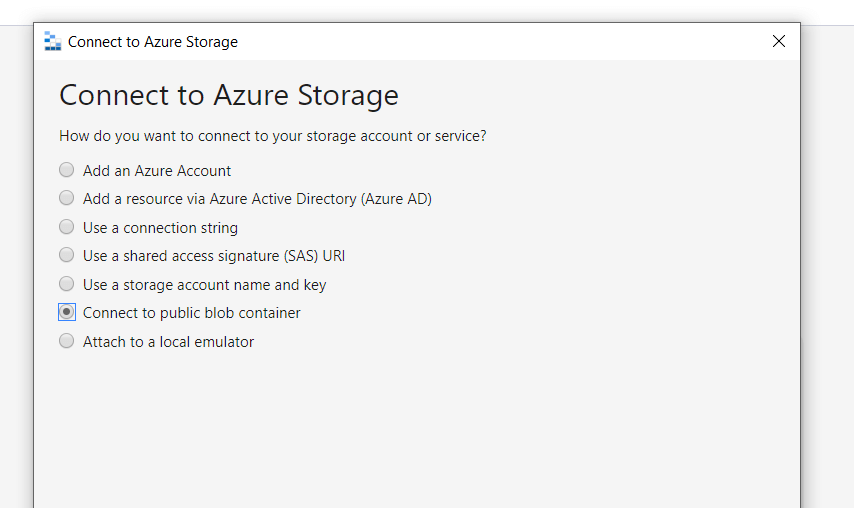 Select connection type as ‘connect to public blob container’ in Azure Storage Explorer