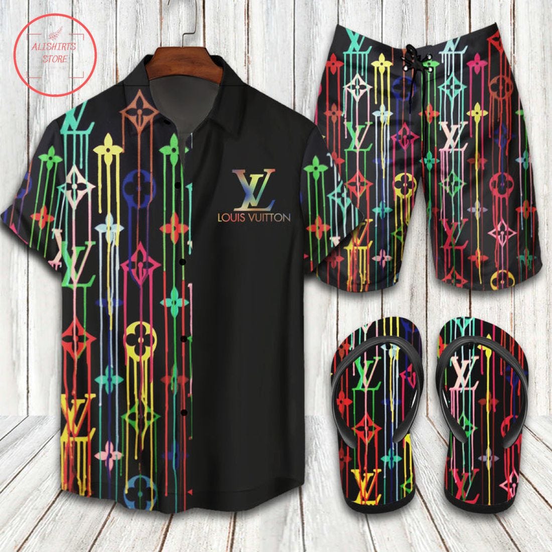 Louis Vuitton Colorful Luxury Hawaiian Shirt Shorts and Flip Flops