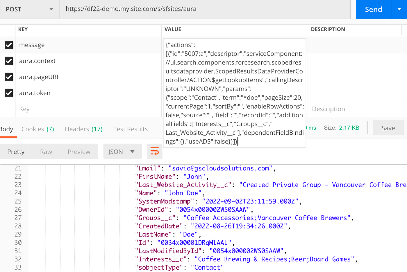 Backend code and data of an employee record vis API call