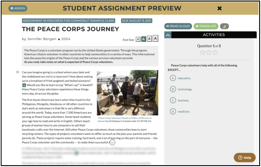 The Student Preview for the CommonLit lesson "The Peace Corps Journey." Guided Reading Mode is enabled, so part of the text is blurred.