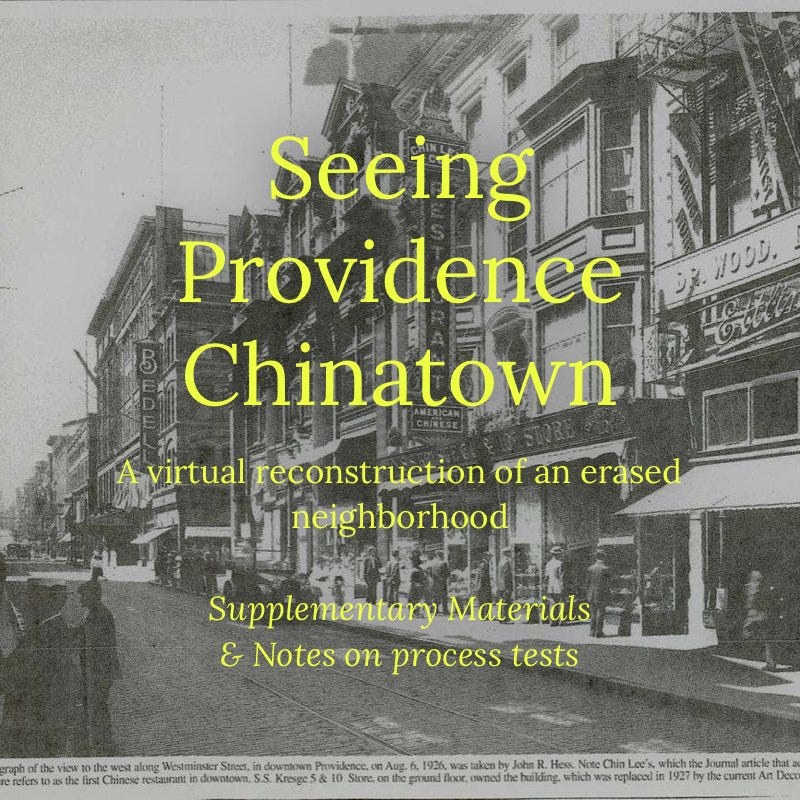 A black and white archival photo of a American Chinese restaurant on Westminster St, with yellow text over “Seeing Providence Chinatown…” (same title text as tweet).