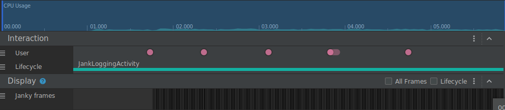 Screenshot of the profiler without jank frames after fixing the code