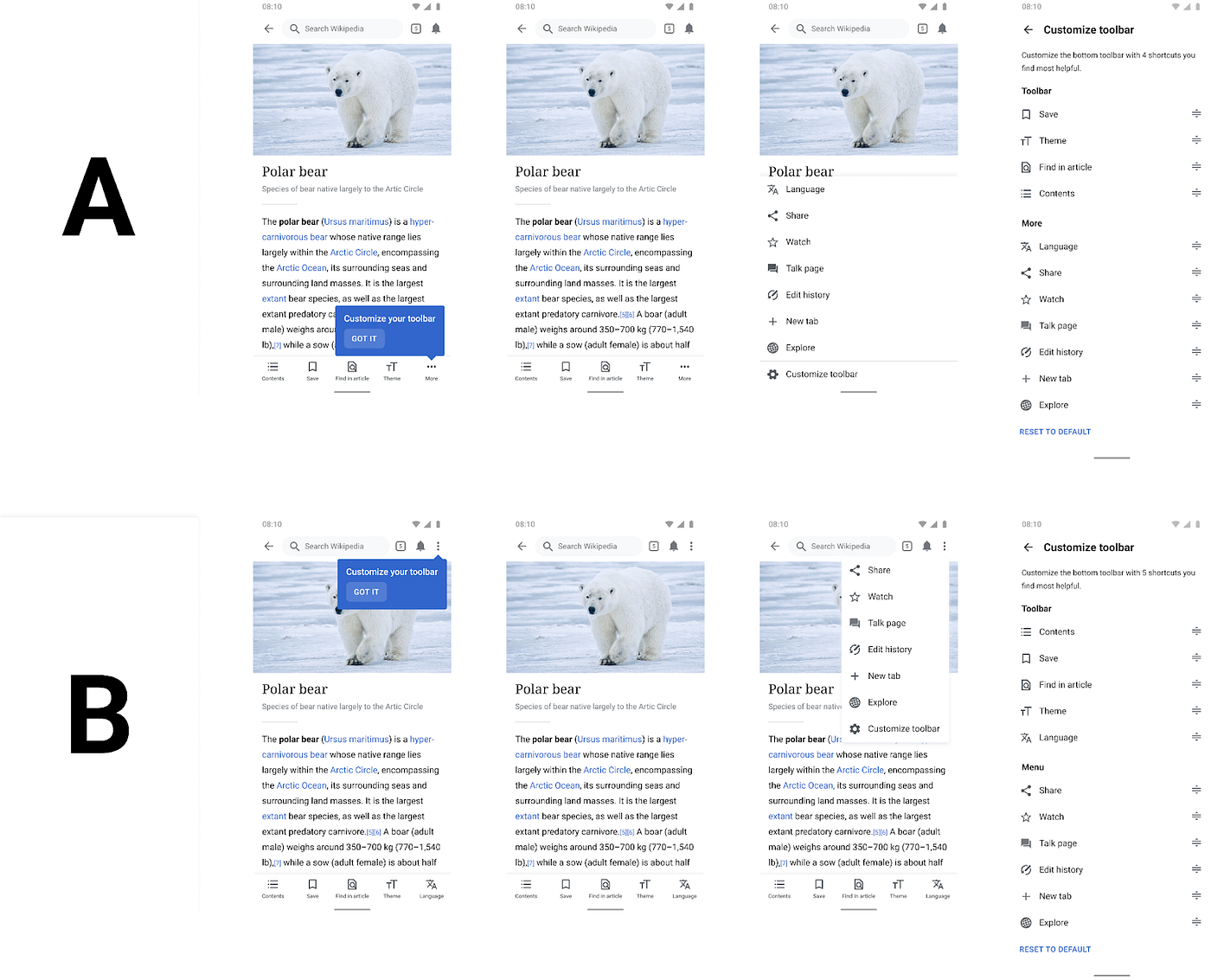 Screen shot series of variants A and B