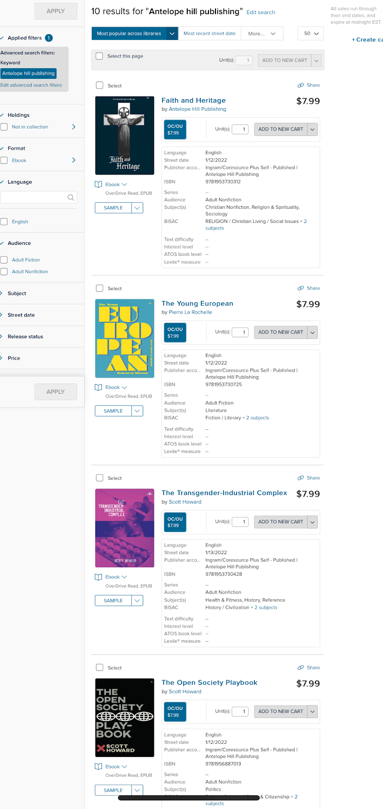 Screenshot from OverDrive’s marketplace showing titles from Antelope Hill Publishing