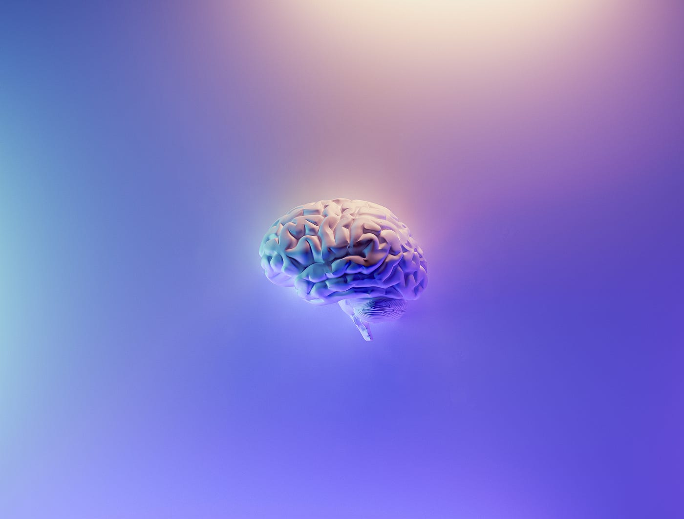 Brain floating in the center of the image. Light purple background.