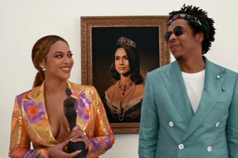beyonce and jay-z in front of portrait of meghan markle