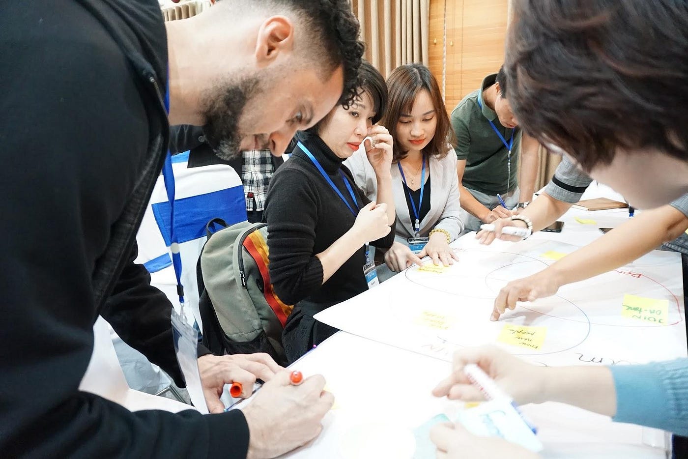 Our team writing our Fun, Done, Learned stickies