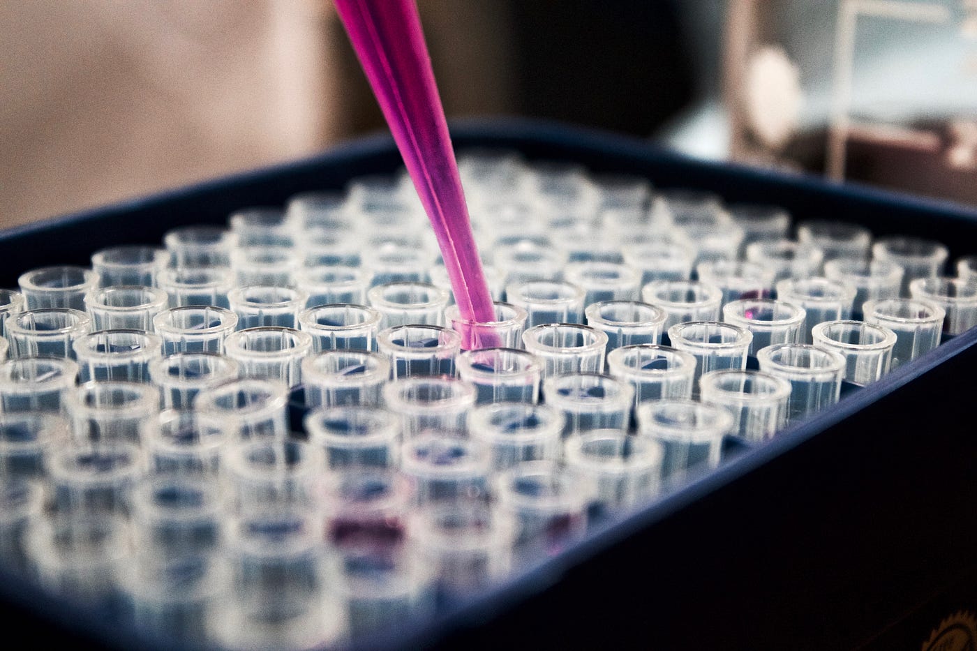 A pipette dispenses a pink fluid into a rectangular container of about 75 test tubes.
