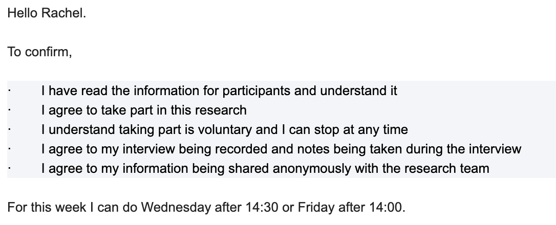 A screenshot of part of a research consent form from someone agreeing to participate in research