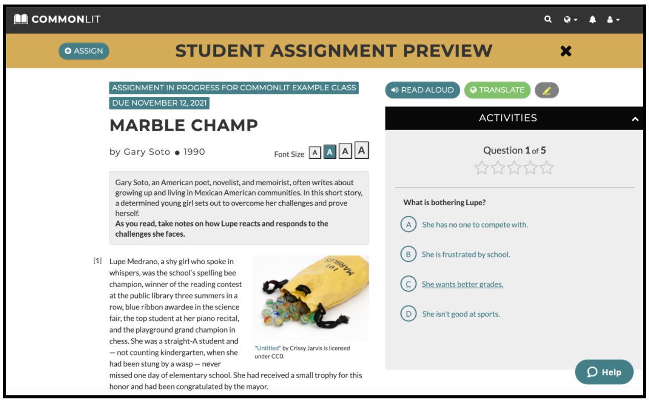 The student assignment preview for the CommonLit text "Marble Champ."