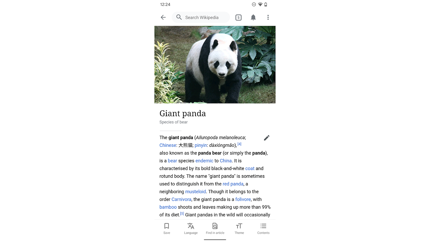 Panda Wikipedia article Android app screen shot