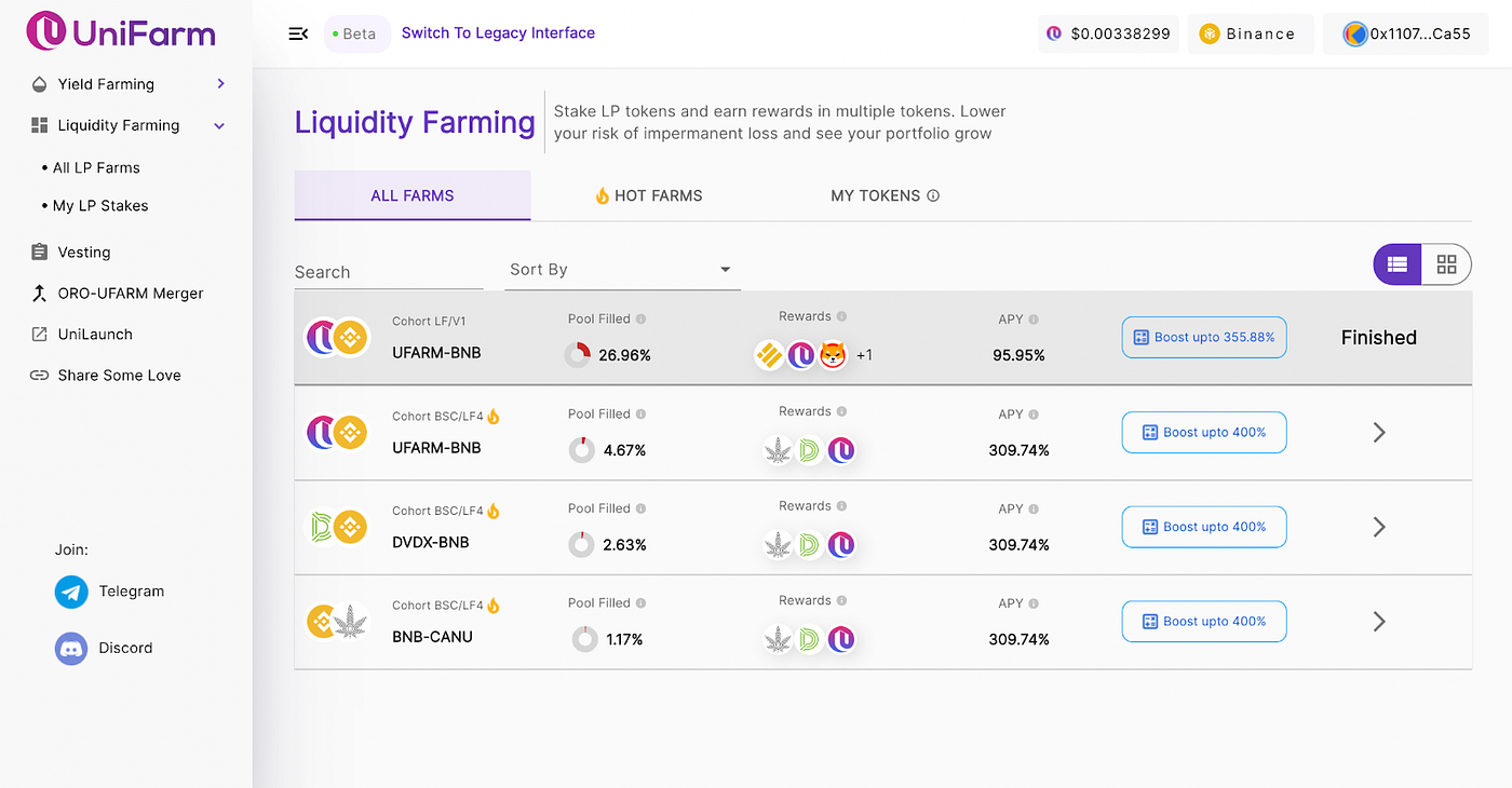 Steps to Stake at Liquidity Pool Farm by UniFarm