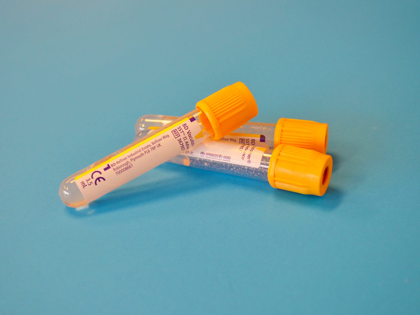 Three vials for blood testing. Oily fish consumption is associated with a lower risk of chronic kidney disease.