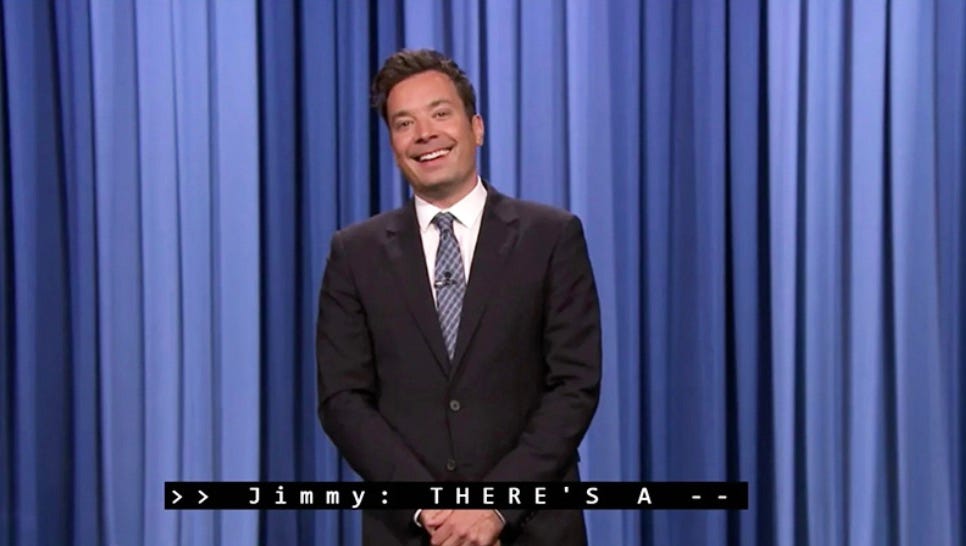 An example of The Tonight Show Starring Jimmy Fallon on television with captions turned on.