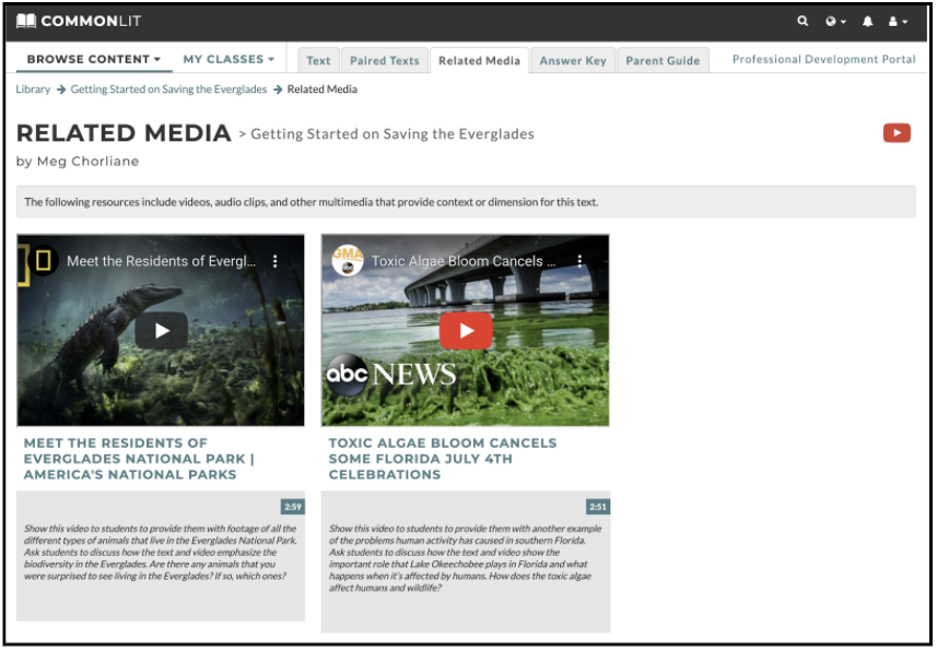 The Related Media tab for the CommonLit lesson "Getting Started on Saving the Everglades."