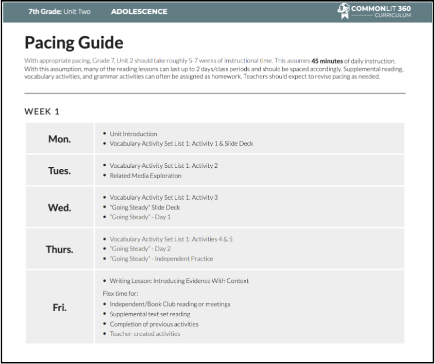 A pacing calendar for the Adolescence unit.