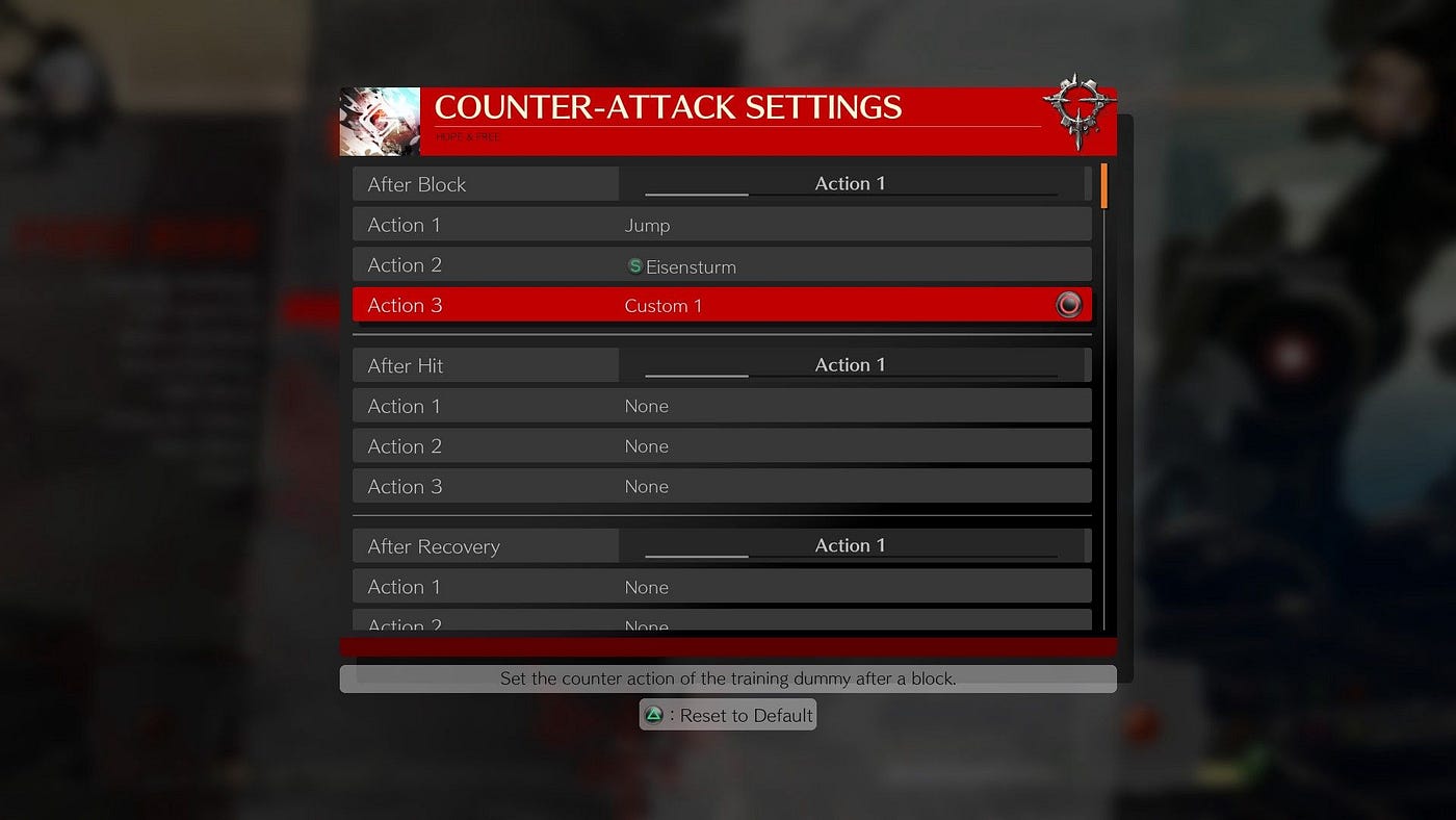 An image of Guilty Gear Strive’s training mode menu, demonstrating that you’re allowed to tell the computer-controlled training dummy to automatically use special attacks after they block a hit from you without having to record your inputs of that move first.