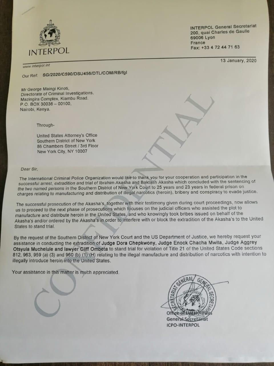 FALSE This Letter From Interpol Seeking The Arrest Of Three Kenyan