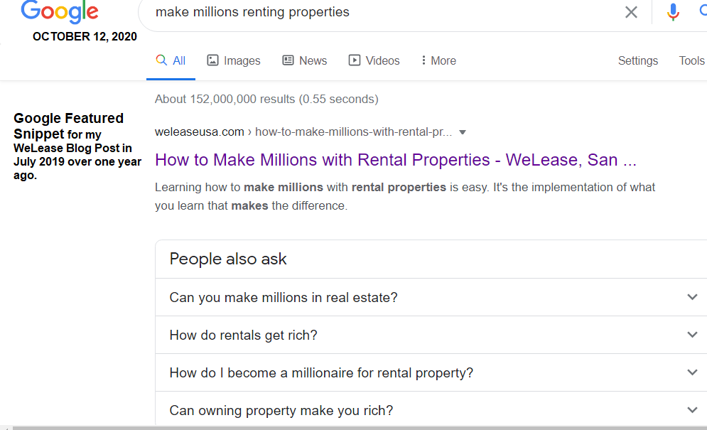 Google Featured Snippet for my WeLease Blog post “How to Make Millions with Rental Properties”.