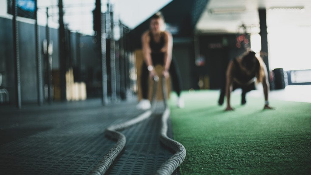 Women performing battle ropes and plank