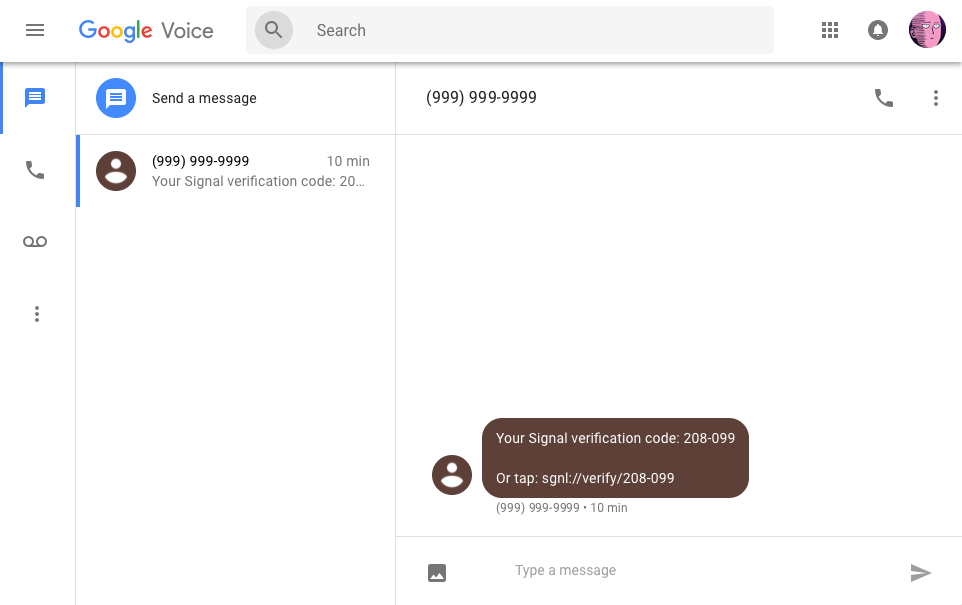 A screenshot of Google Voice accepting a registration code for Signal.