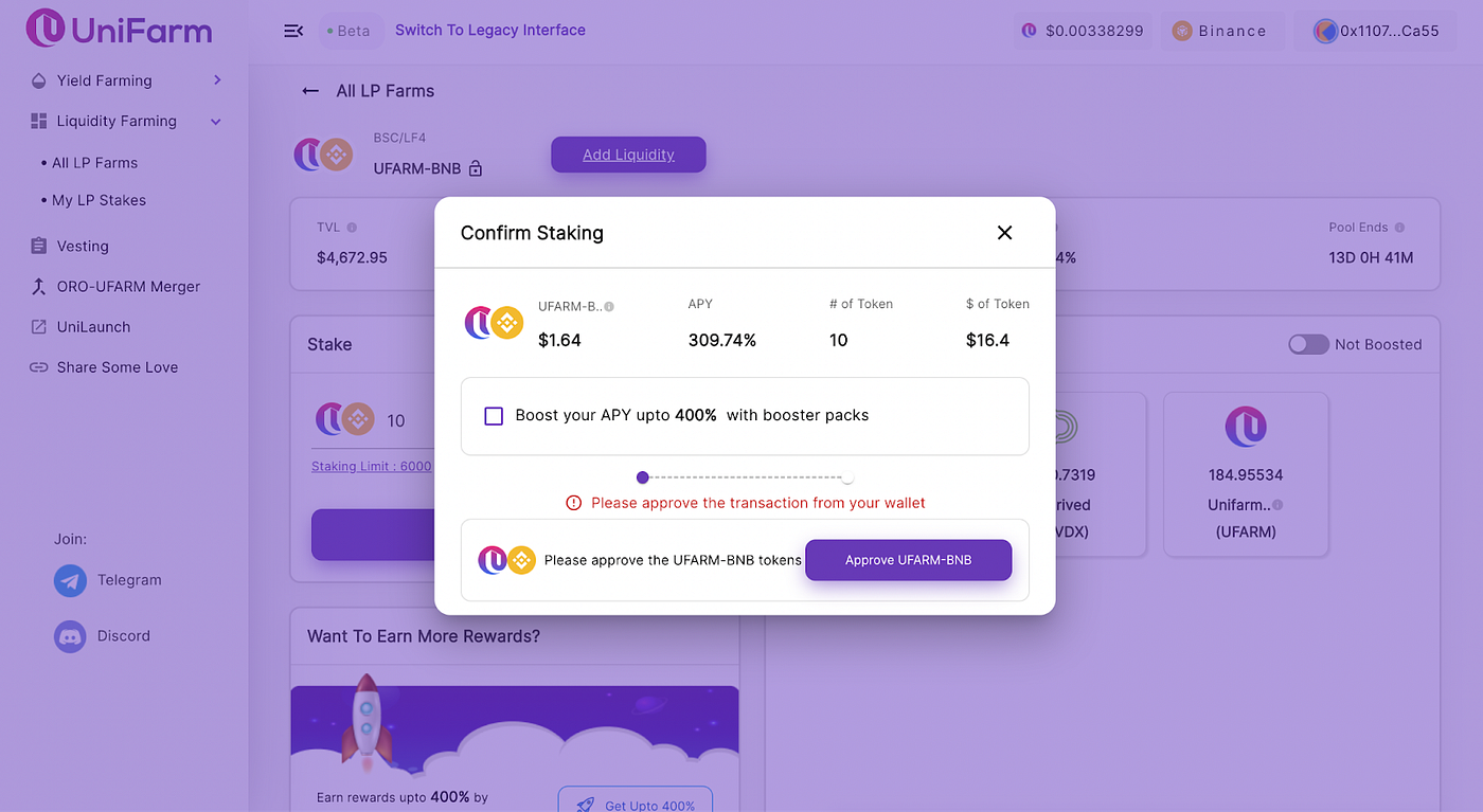 Steps to Stake at Liquidity Pool Farm by UniFarm