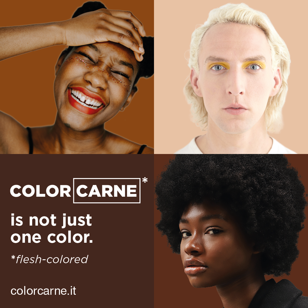 “”Color Carne” is not just one color” manifesto. Photo of 1 light-skinned person and 2 dark-skinned people