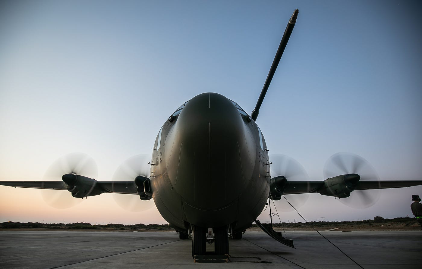 The C-130J Hercules prepares to take off.