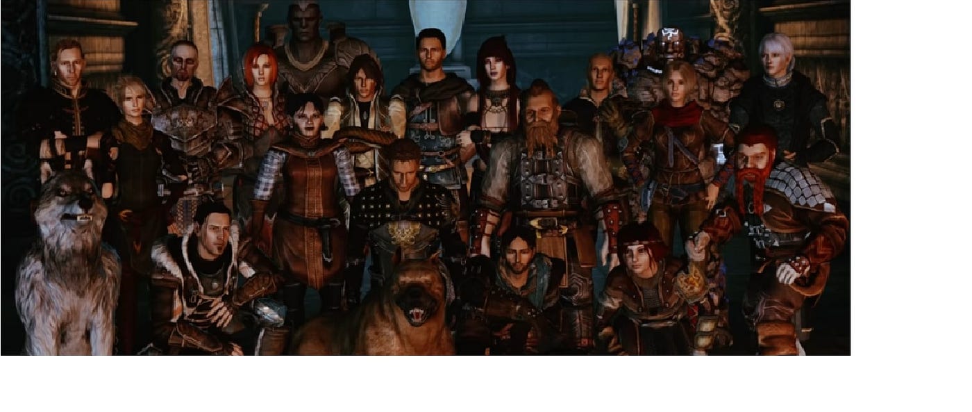 A photo of all of the characters from Dragon Age: Origins