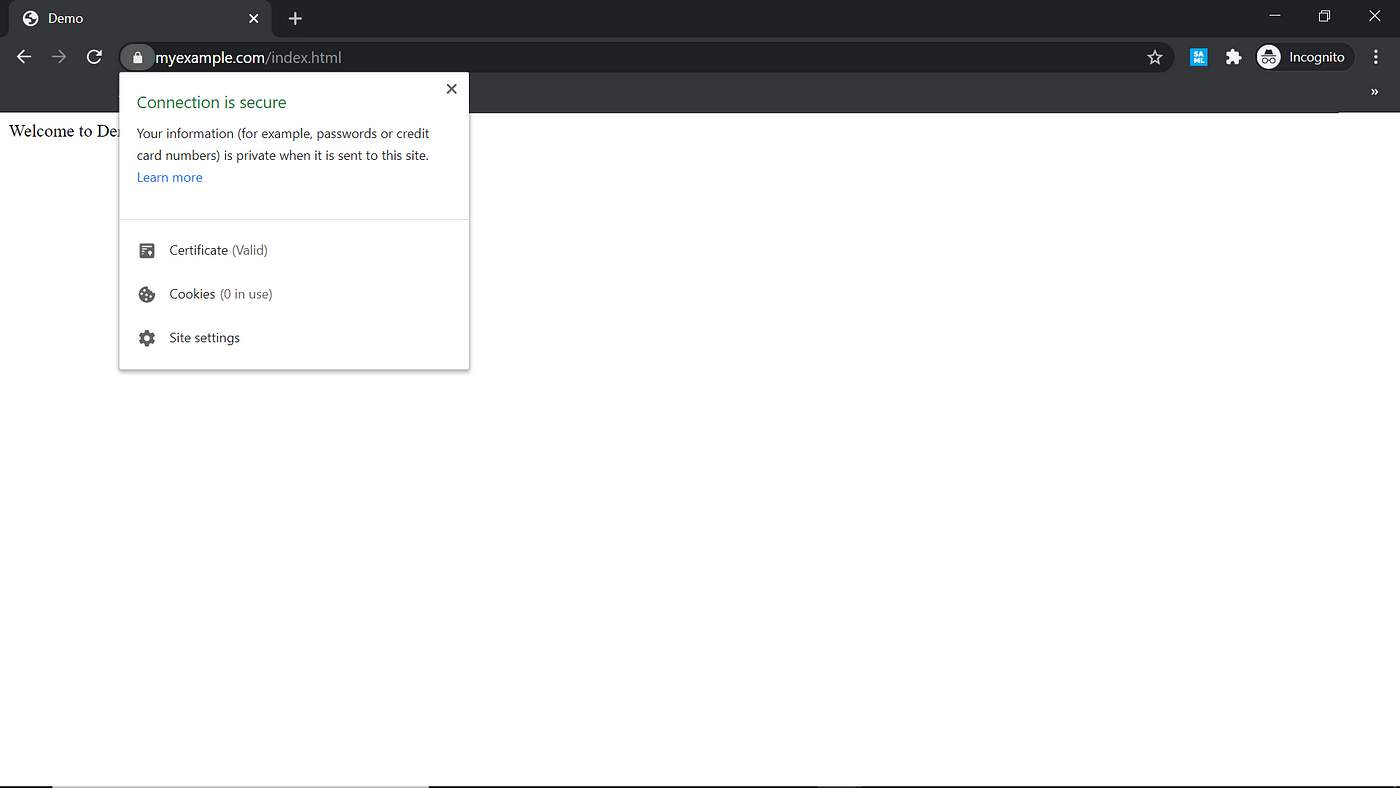 Ein Screenshot eines Browsers, der ein Zertifikat-Popup anzeigt, dass die Verbindung sicher ist.