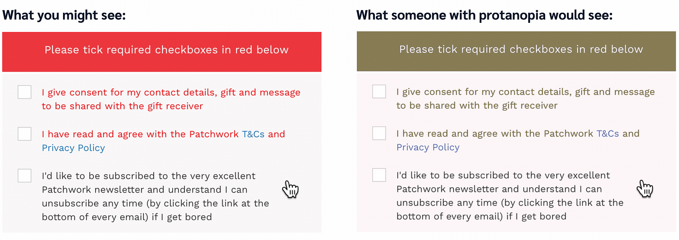 An example of a form field highlighting errors through the lens of two users who view color differently.