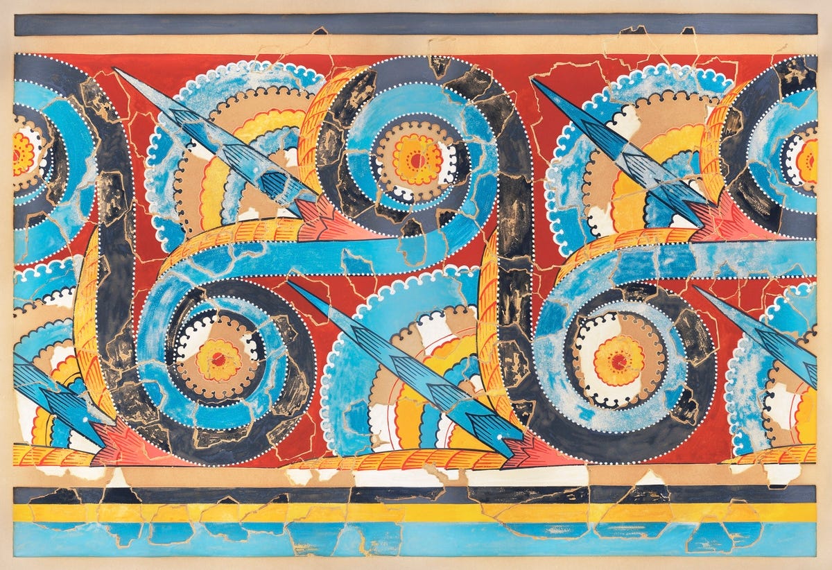 Reproduction of the “Great S–spiral frieze” fresco ca. 1400–1200 B.C. by Emile Gilliéron. Original from The MET Museum. Digitally enhanced by rawpixel.