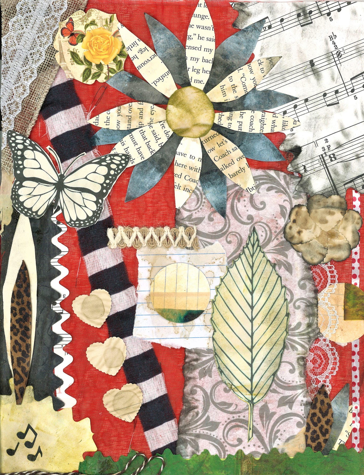 Collage art with left over craft supplies. Use scraps of paper and fabric in a collage.