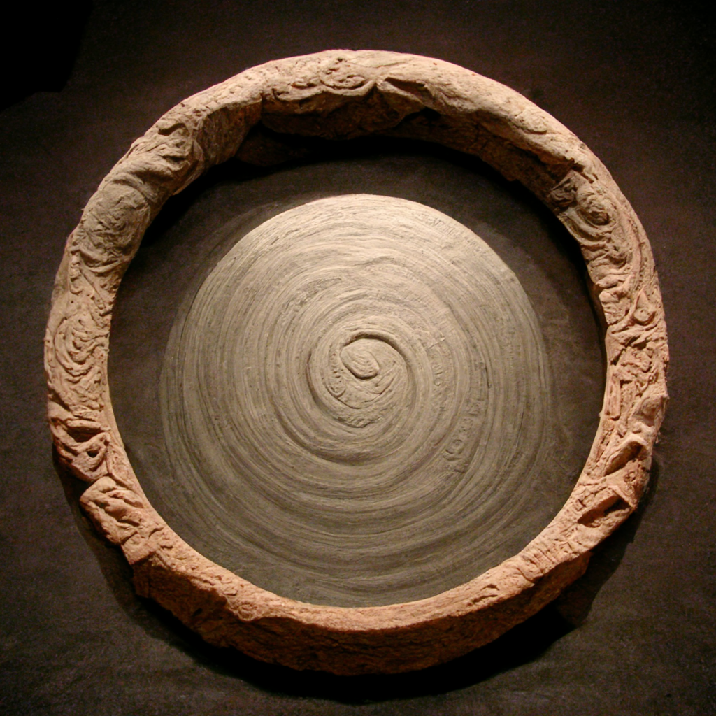 A circle that looks like a top-down view of an ancient clay pot on display in a museum. Harsh top lighting accentuates carvings around the rim. The middle a swirl of clay, as if made quickly on a pottery wheel.