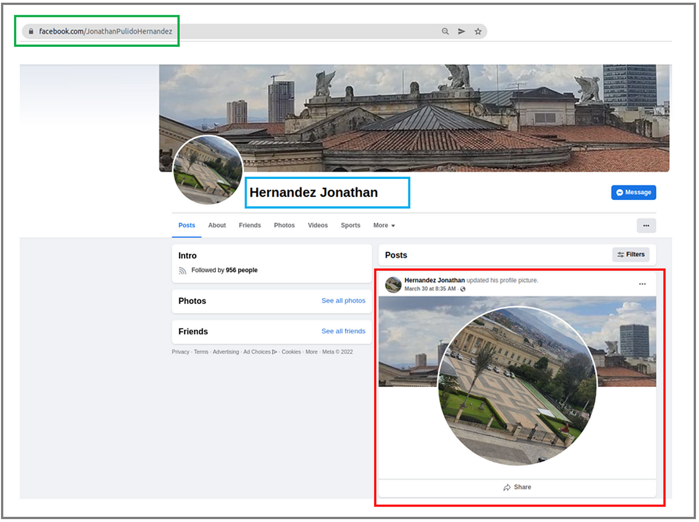 Screenshot of a Facebook user profile using Pulido’s first name and second last name (blue box). The account’s URL (green box) uses his first name and both surnames. The username seen in the URL is not always visible for mobile users or in some links. (Source: Facebook)