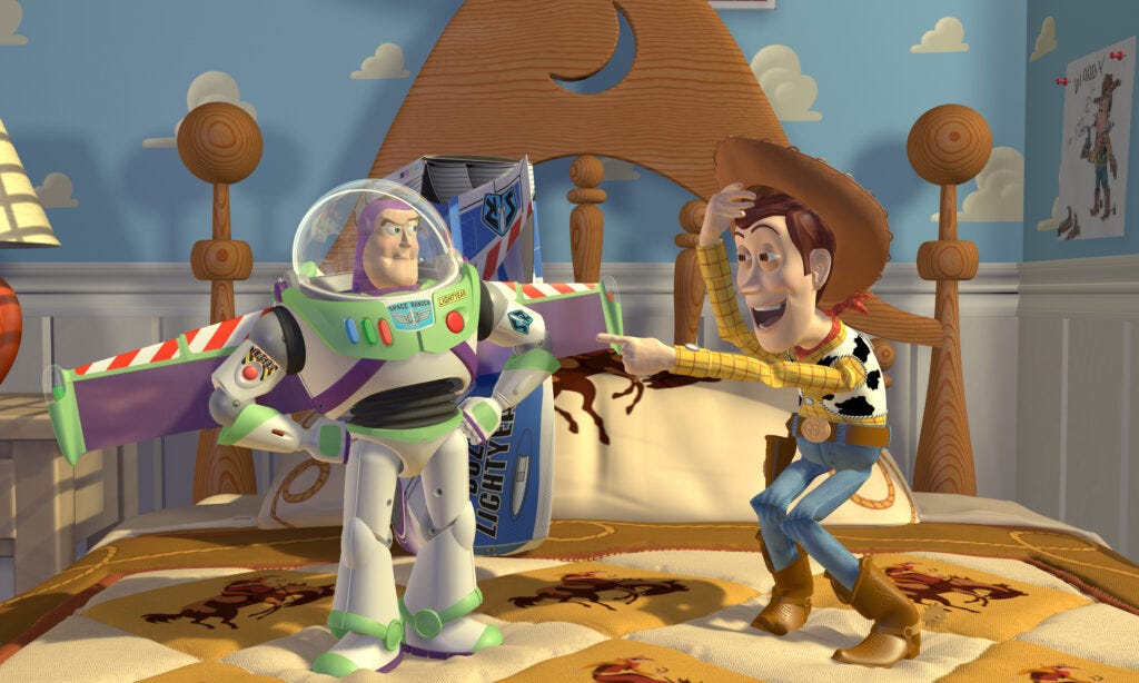 Woody laughing at Buzz Lightyear in Toy Story.