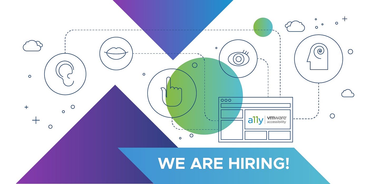 Cartoon outlines showing the five senses with the VMware accessibility logo and “We are Hiring”