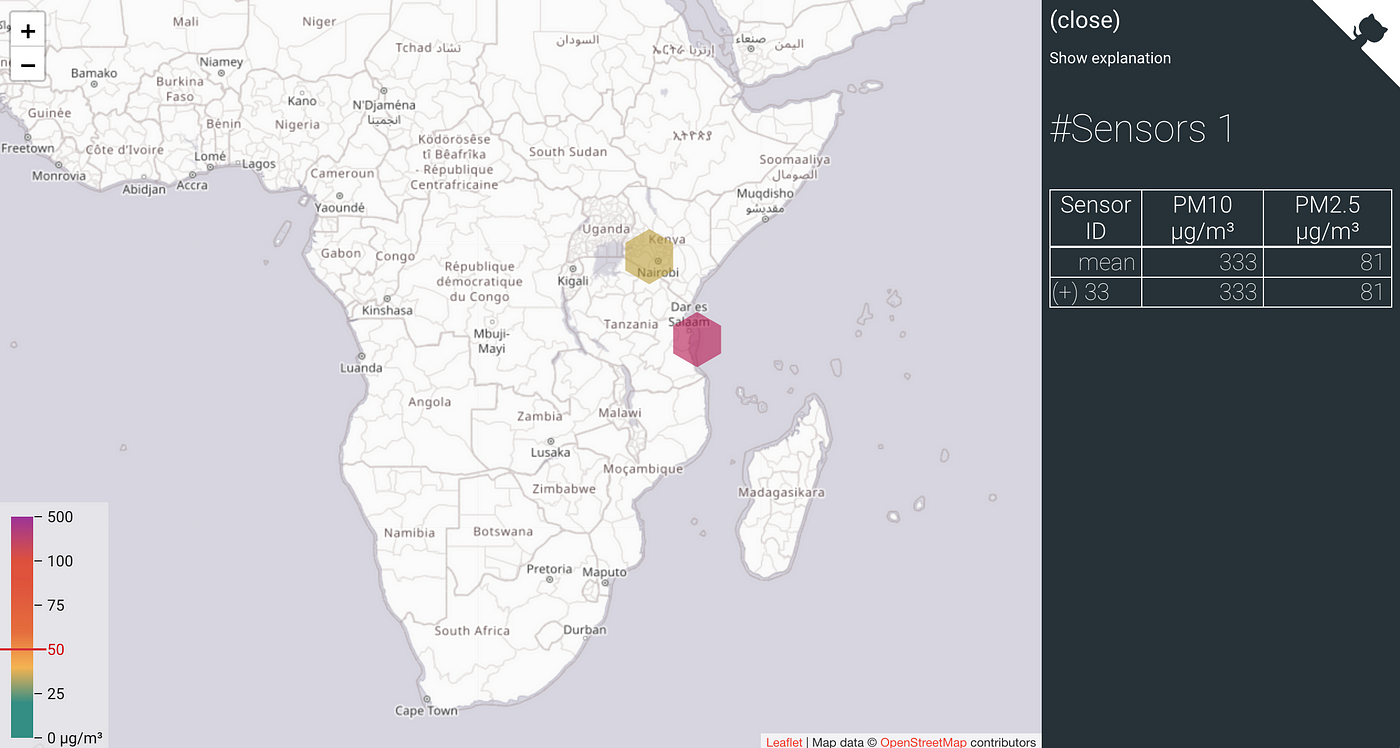 A map showing two colored hexagons representing air quality data in Kenya and Tanzania.