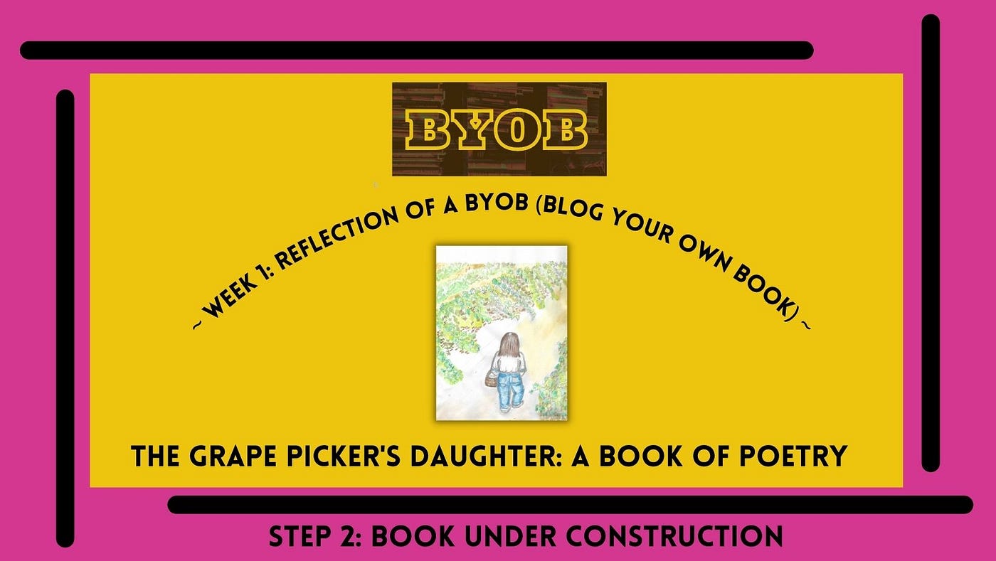 My BYOB book of poetry: yellow background in a pink color frame of a young girl in a vineyard.