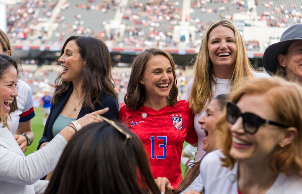 Natalie Portman, Mia Hamm, and other LA NWSL expansion team owners on pitch in stadium