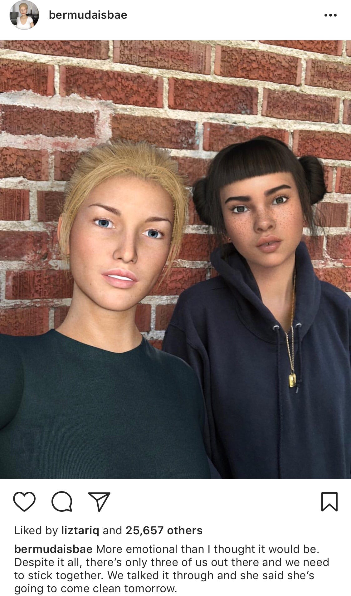 Blurred lines between digital and physical reality; Lil Miquela goes heart  to heart after hack by Bermuda, two virtual people | by Jacob Mullins |  Medium