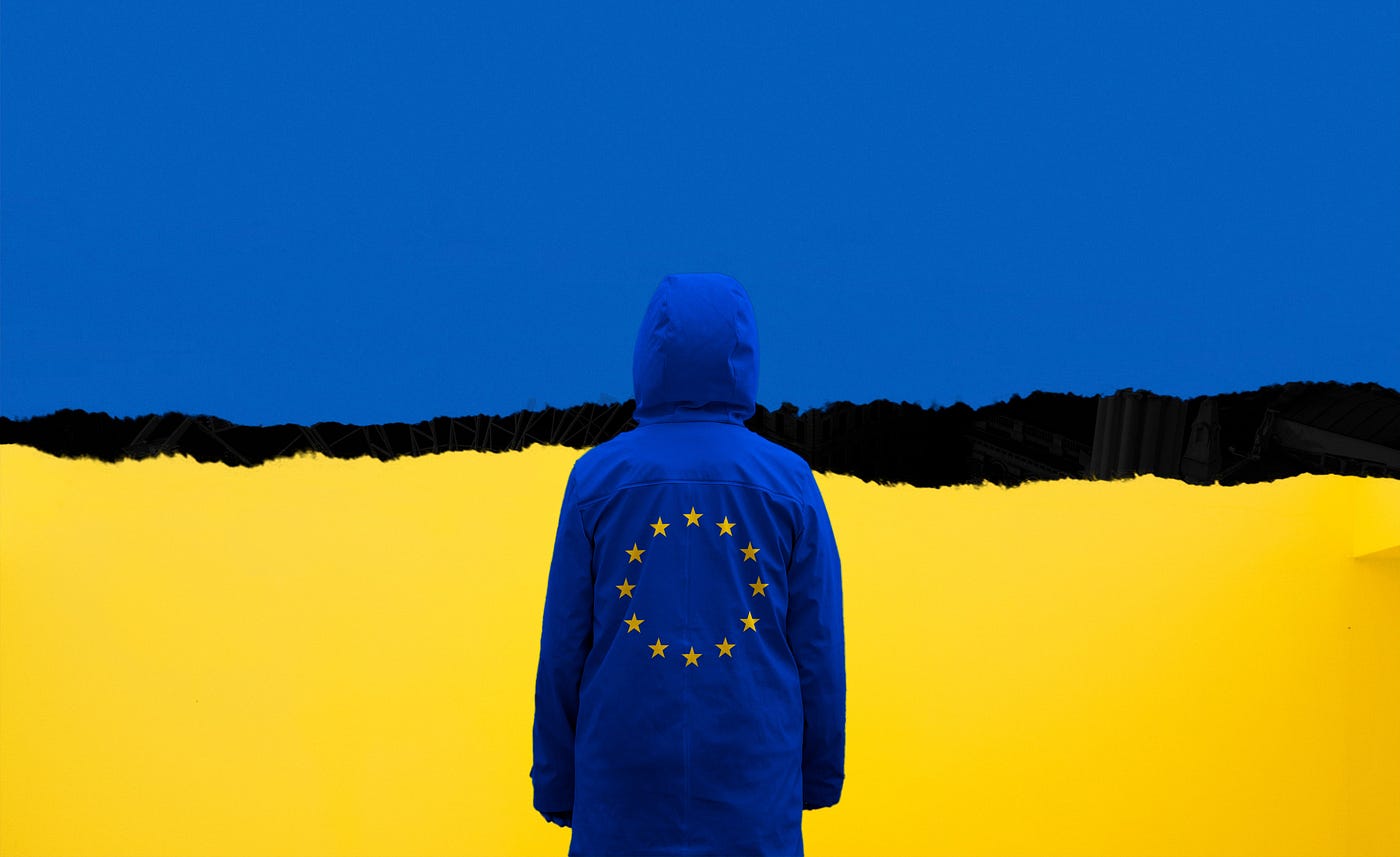 rear view of person wearing royal blue jacket with Ukraine flag looking at background of Ukraine colors
