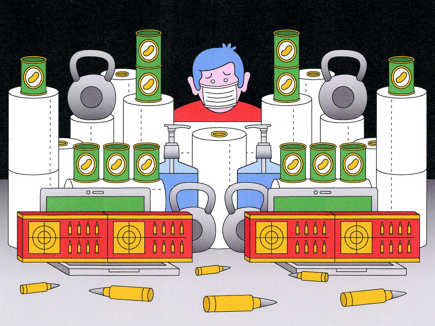 An illustration of a man wearing a face mask, surrounded by a stockpile of toilet paper, weapons ammo, kettlebells, and cans.